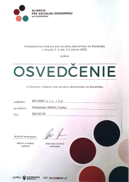 Osvedčenie o členstve v Aliancií pre sociálnu ekonomiku na Slovensku