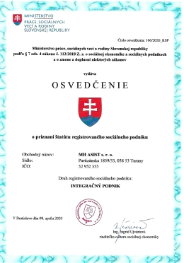 Osvedčenie o priznaní štatútu registrovaného sociálneho podniku